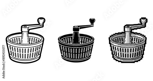 Set of three salad spinners: outline, detail, pixelated versions