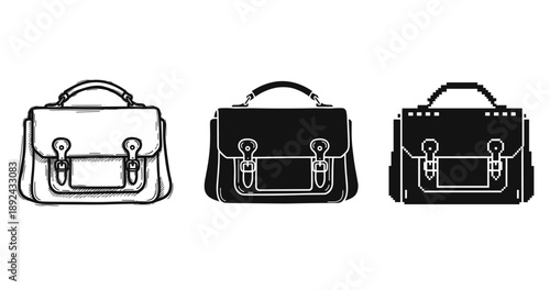 Variety of satchel designs: hand-drawn, solid, and pixel art styles
