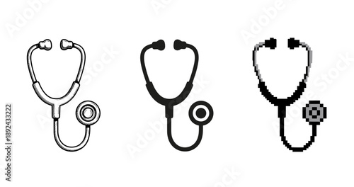 Three stethoscope designs: vintage, modern, pixel art