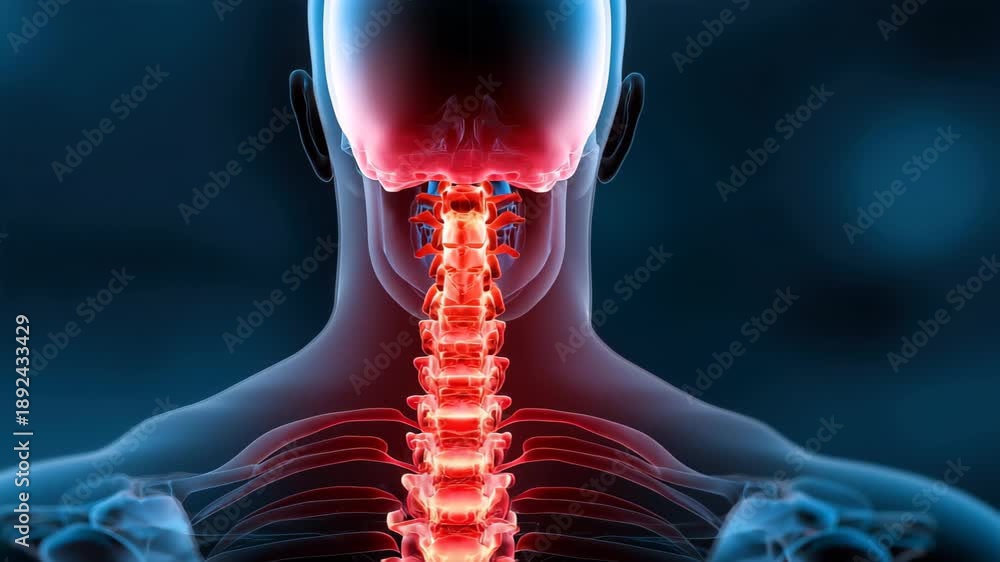 Detailed view of human spine anatomy highlighting cervical vertebrae ...
