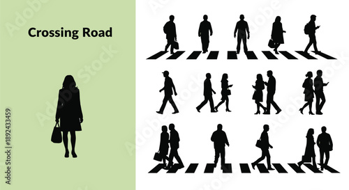 Collection of black silhouette icons depicting various pedestrians men and women walking across a marked crosswalk indicating traffic safety rules for urban movement
