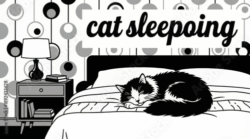 cat sleeping in a bedroom setting, black and white illustrated in soft vector style ideal for bedtime stories and calm kids visuals