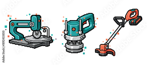 Pixel art tools set: scroll saw, router, and string trimmer. Not editable stroke