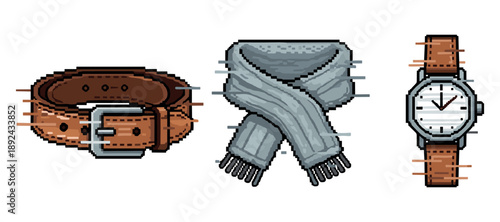 Pixel art accessories: leather belt, gray scarf, brown strap watch. Not editable stroke