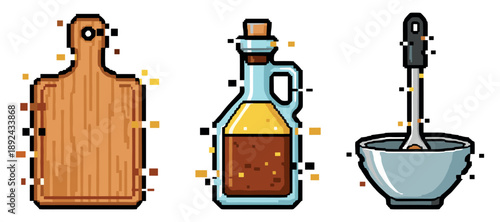 Pixel art cooking utensils: cutting board, oil bottle, mixing bowl. Not editable stroke