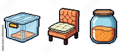 Pixel art set: aquarium, armchair, jar with liquid on white background. Not editable stroke