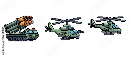 Pixel art military vehicles: missile launcher and two helicopters. Not editable stroke