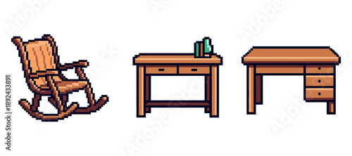 Pixel art wooden furniture set: rocking chair, desk, and table with books. Not editable stroke