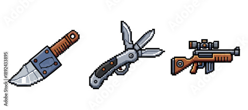 Pixel art: knife, multi-tool, and scoped rifle on white background. Not editable stroke