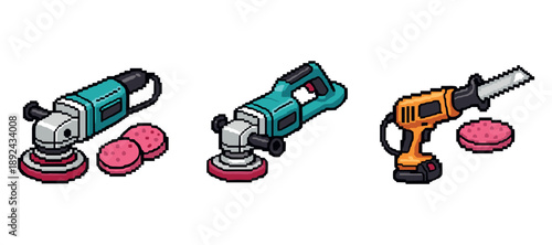 Set of pixel art power tools with buffing pads and saw. Not editable stroke