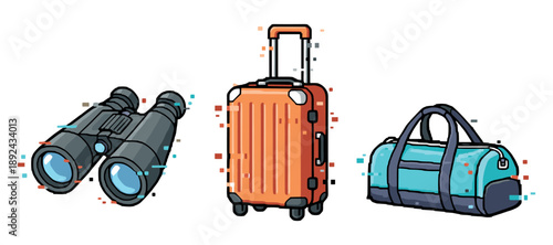 Adventure gear icons: binoculars, suitcase, and travel bag. Not editable stroke
