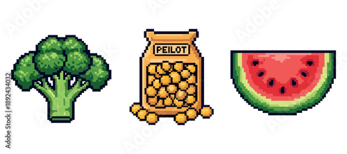 Pixel art broccoli, snack bag, and watermelon slice on white background. Not editable stroke