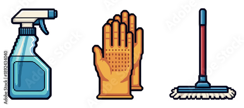 Cleaning supplies: spray bottle, rubber gloves, and mop illustration. Not editable stroke