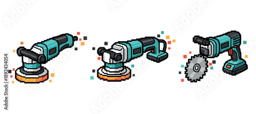 Pixel art of electric power tools: grinder, sander, and circular saw. Not editable stroke