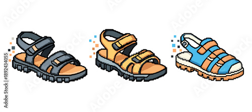 Pixel art sandals trio with velcro straps and chunky soles. Not editable stroke
