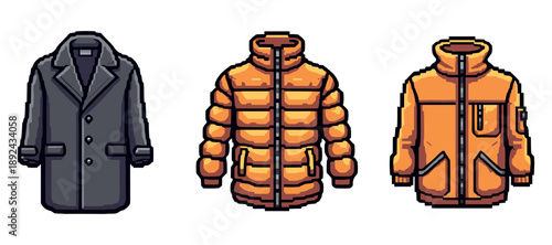 Pixel art coats and jackets: winter fashion in vibrant designs. Not editable stroke