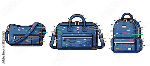 Pixel art blue bags collection: crossbody, handbag, backpack. Not editable stroke