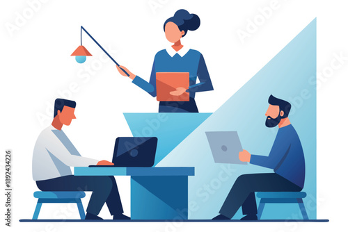 An educator learning to identify phishing emails and protect against online threats in a cyber awareness training session, vector.