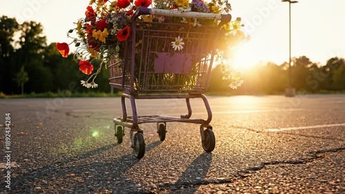 A purple shopping cart filled with vibrant flowers rolls on a sunny road