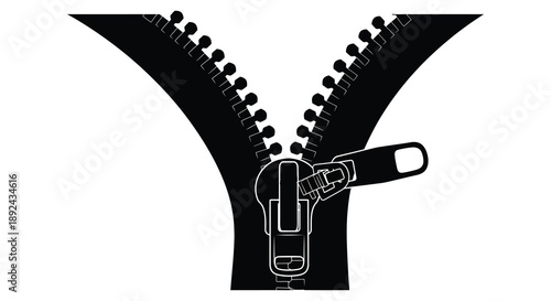 A striking black silhouette depicts a partially opened zipper with a visible pull tab and teeth silhouette