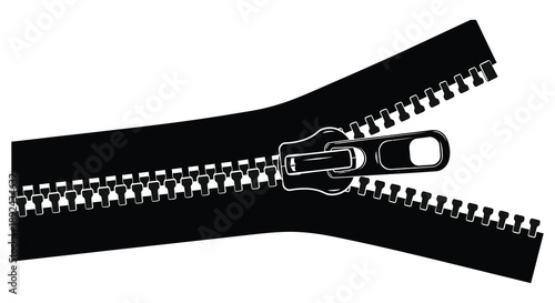 A stark black zipper is partially open against a bright white background creating a dramatic silhouette high quality