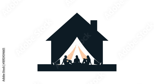 A cozy scene depicts a family gathered around a campfire in front of a house silhouette high quality