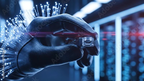 Gloved Hand Holding a Microchip near Fiber Optics and Server Racks with Data Center Illumination for Tech Industry