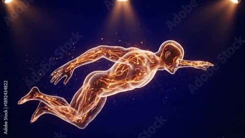 Glowing Abstract Figure Swimming in Blue Background with Spotlight Animation for Presentation or Graphic Overlay