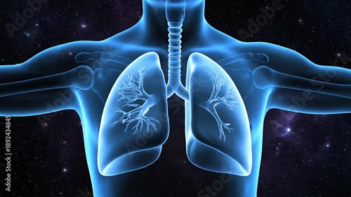 Glowing Anatomical Lung Display in a Transparent Human Body Silhouette Against a Galaxy Nebula Background