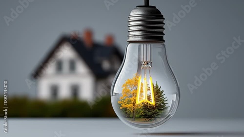 Light bulb with glowing filament showcases vibrant autumn trees inside, suspended against a blurred house backdrop, emphasizing the connection between nature and home in a visually striking manner