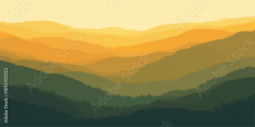 Sunrise mountain landscape with foggy valley, misty hills, forest silhouettes, and soft morning light over the horizon