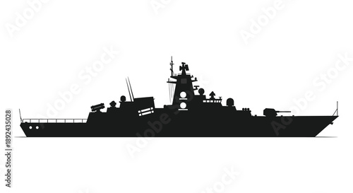 A stark black silhouette of a large naval destroyer ship is prominently displayed against a white background silhouette