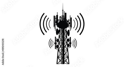 A striking black silhouette of a cellular tower with radiating signal waves against a plain white background silhouette