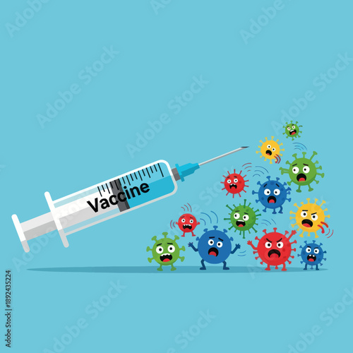 Vaccine Syringe Destroying Cartoon Virus Cells.