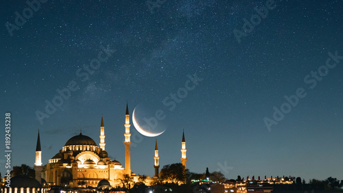 Laylat al-qadr or kadir gecesi concept. Suleymaniye Mosque and crescent moon