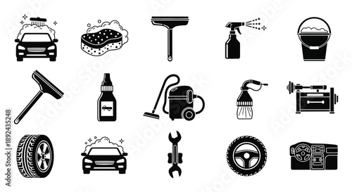 A collection of black silhouettes depicting car washing tools equipment and vehicle components silhouette high quality professional detailed