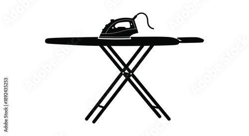 A stark black silhouette depicts an iron resting on a folding ironing board showcasing domestic chores silhouette