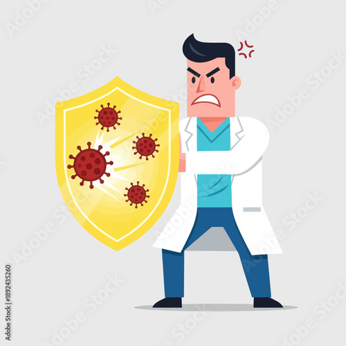 Doctor Protecting Against Virus with Shield.