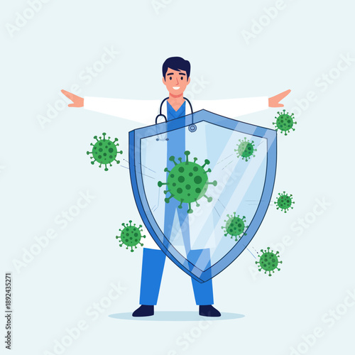 Doctor Holding Shield Against Virus.