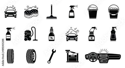 A collection of black icons depicts car washing tools equipment and vehicle components in silhouette high quality professional