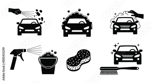 A set of black silhouettes illustrating car washing steps from spraying to drying with various tools silhouette