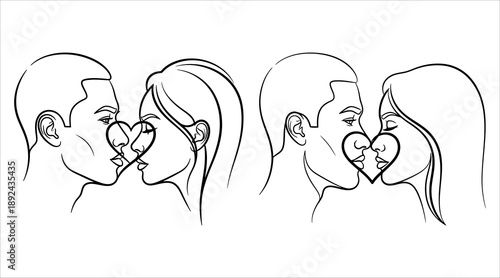 Continuous line drawing of a romantic couple kissing for wedding stationery and minimalist aesthetic decor