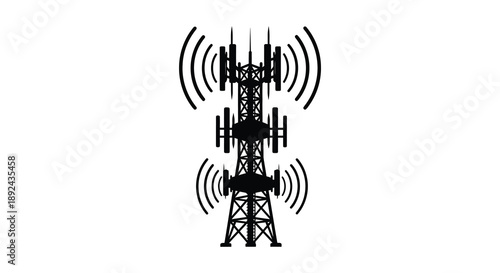 A strikingly simple black silhouette of a cellular communication tower with radiating signal waves silhouette high quality professional