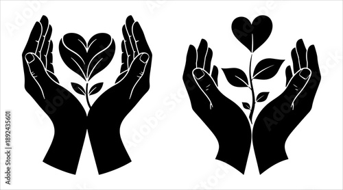 Growing heart in hands silhouette for healthcare wellness and philanthropic organization branding