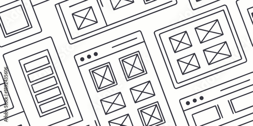 Seamless UI Wireframe Pattern with Interface Layout Blocks, Clean Flat Vector Background for UX Design, Prototyping, and Web Applications