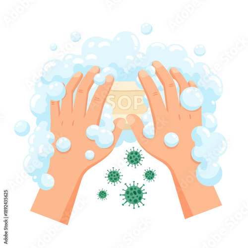 Hands Washing Off Germs with Soap.