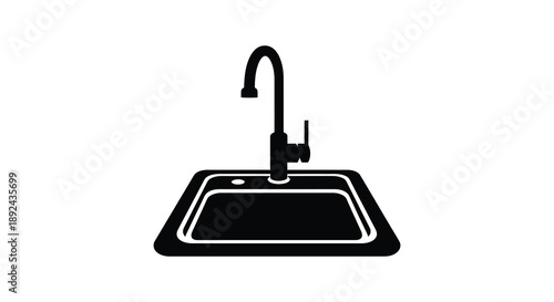 A stark black graphic depicts a modern kitchen sink with a high arc faucet presented as a silhouette
