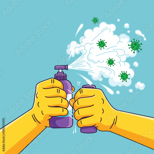 Hands Spraying Disinfectant Killing Germs Illustration.