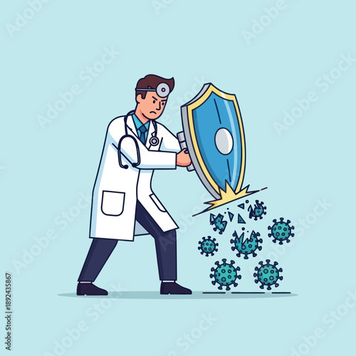 Doctor Protecting Against Viruses with Shield.