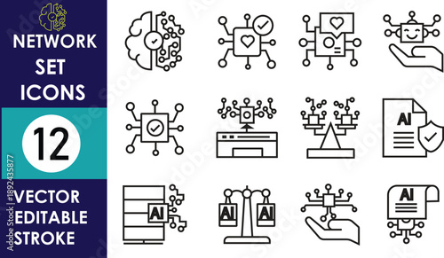 Vector network set icons illustrating connectivity, data exchange, collaboration, servers, security, workflow, AI documents, cloud systems, and digital communication in clean editable outline style